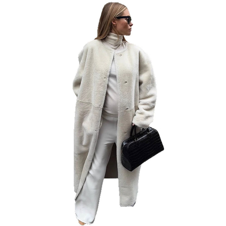 Women's Oversize Longer Faux Fur Coat with Waist Belt and Stand-up Collar Amarae