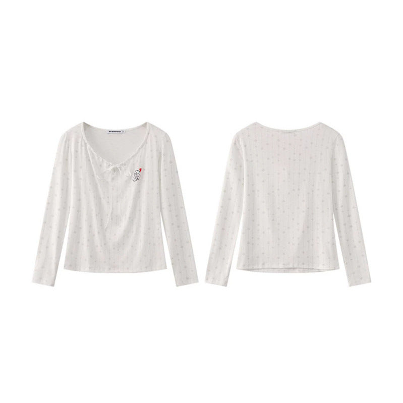 Women's long-sleeve shirt with lacing at the neckline, fine star jacquard, and heart emblem Amarae