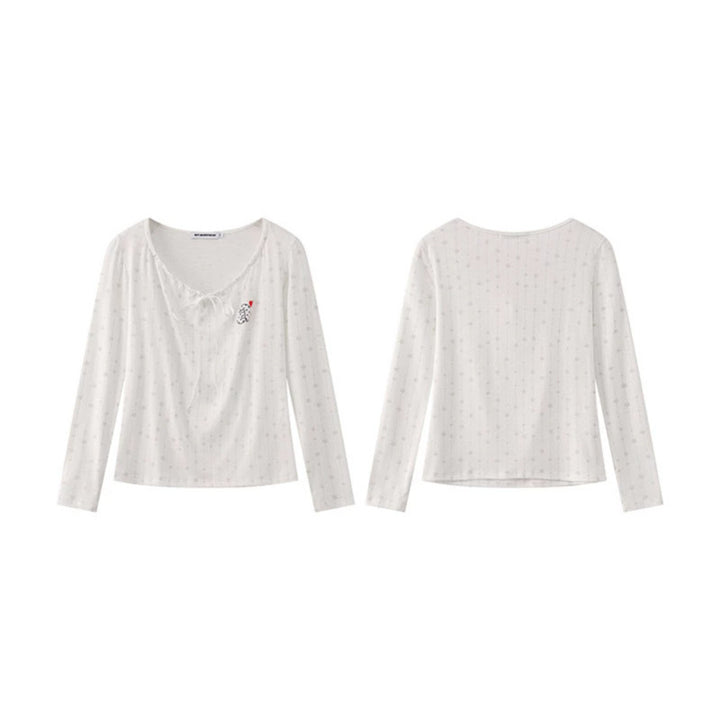 Women's long-sleeve shirt with lacing at the neckline, fine star jacquard, and heart emblem Amarae