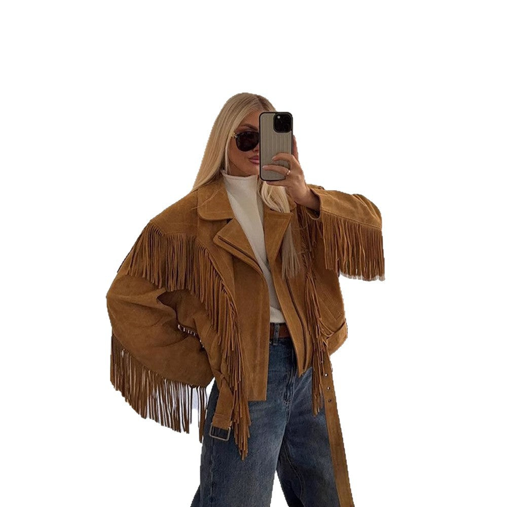 Suede jacket for women with fringe details and an adjustable belt Lune London