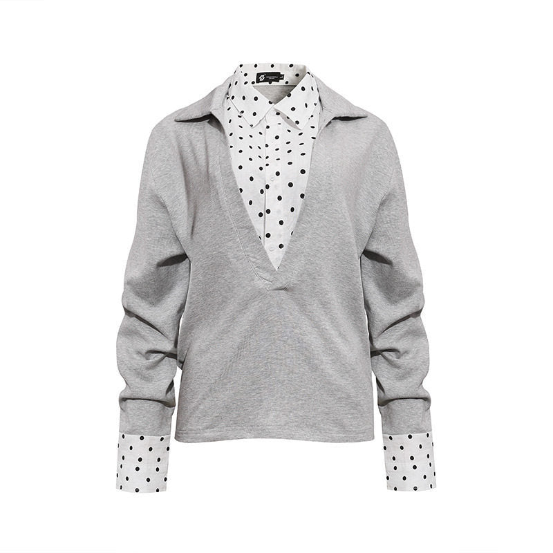 Women Layered Long Sleeve Shirt with Deep V-Neck, Attached Placket and Polka Dot Details Amarae