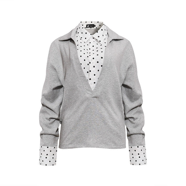 Women Layered Long Sleeve Shirt with Deep V-Neck, Attached Placket and Polka Dot Details Amarae