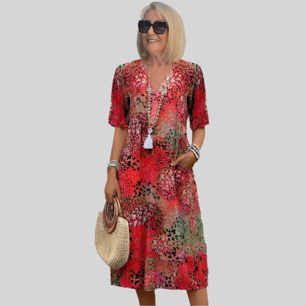 Women Midi Floral Dress with V Neck Lune London