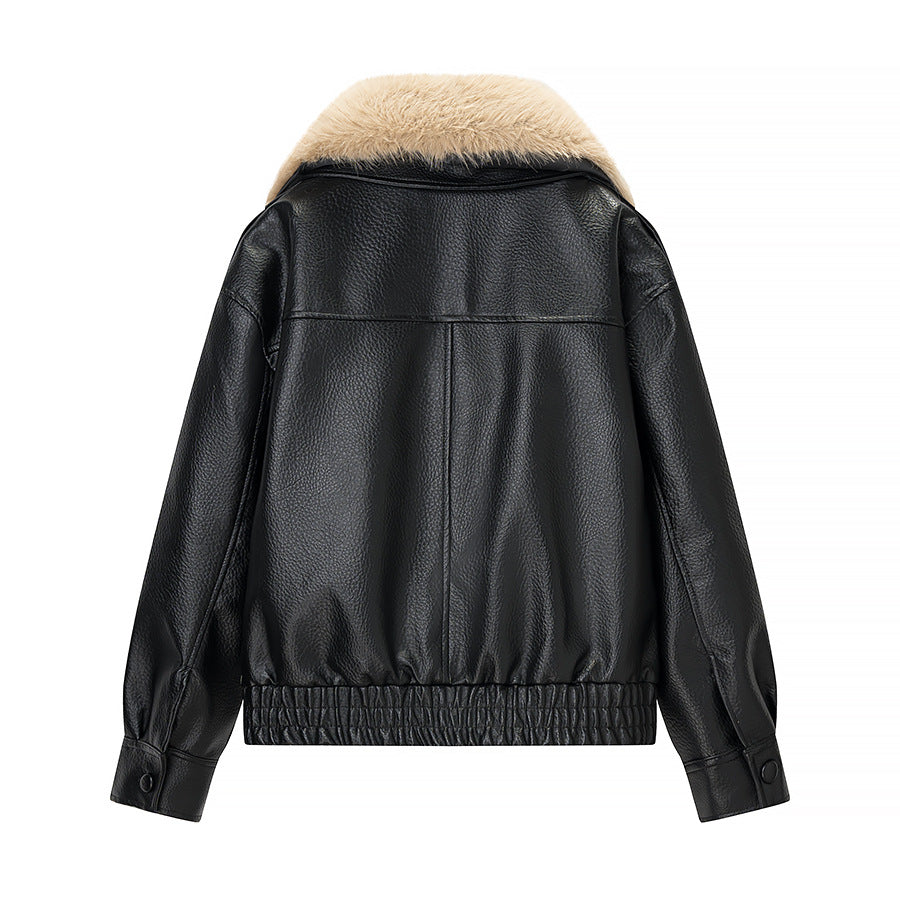 Women Quilted Leather Look Blouson with Voluminous Fur Collar Amarae