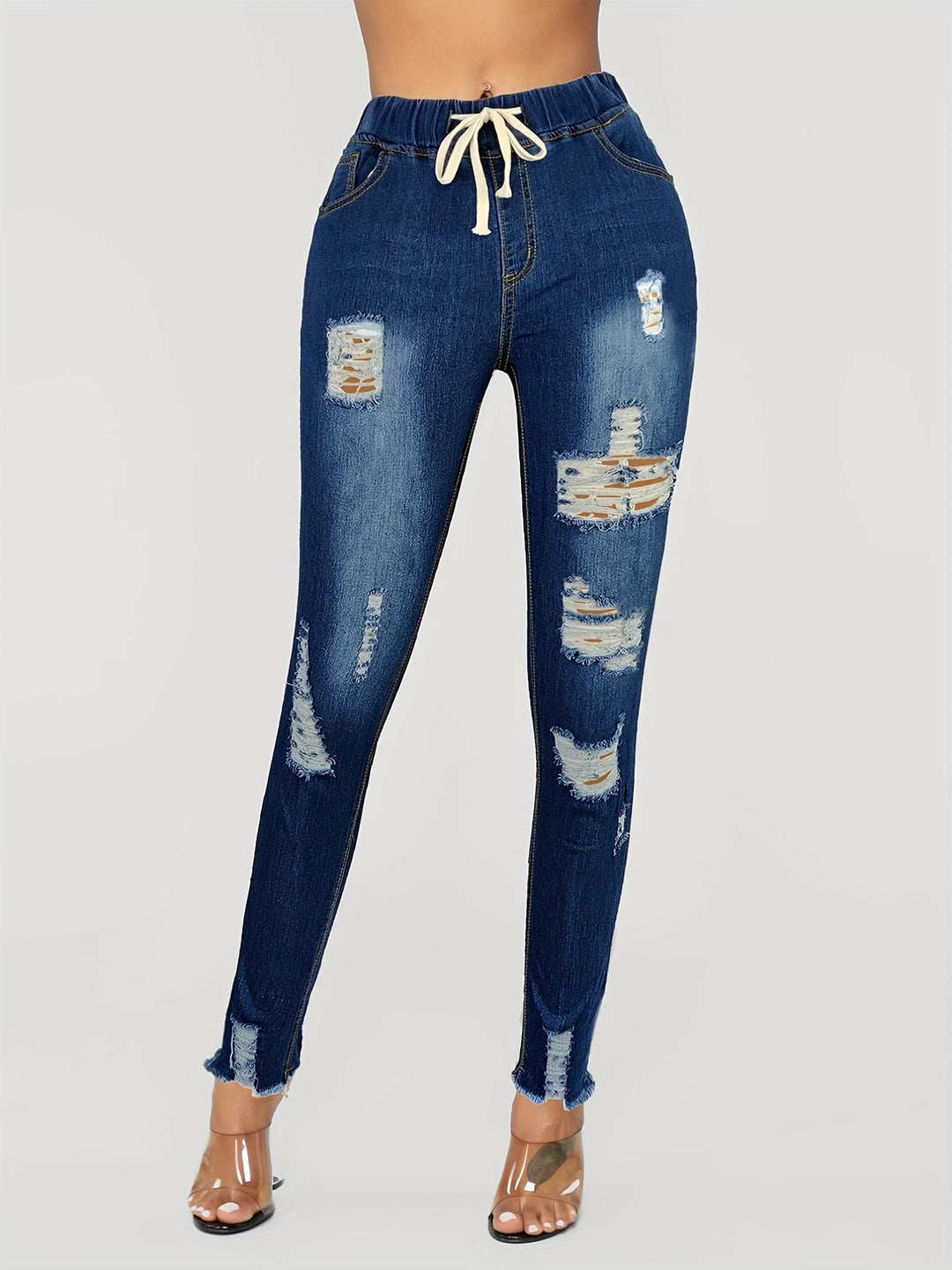 Women's Distressed High-Waist Jogger Jeans with Elastic Waistband, Drawstring and Frayed Ankle Hems Amarae