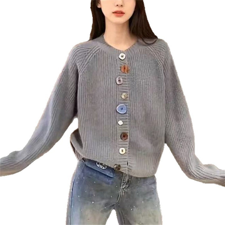 Knitted jacket for women with colorful button details and a high collar Lune London