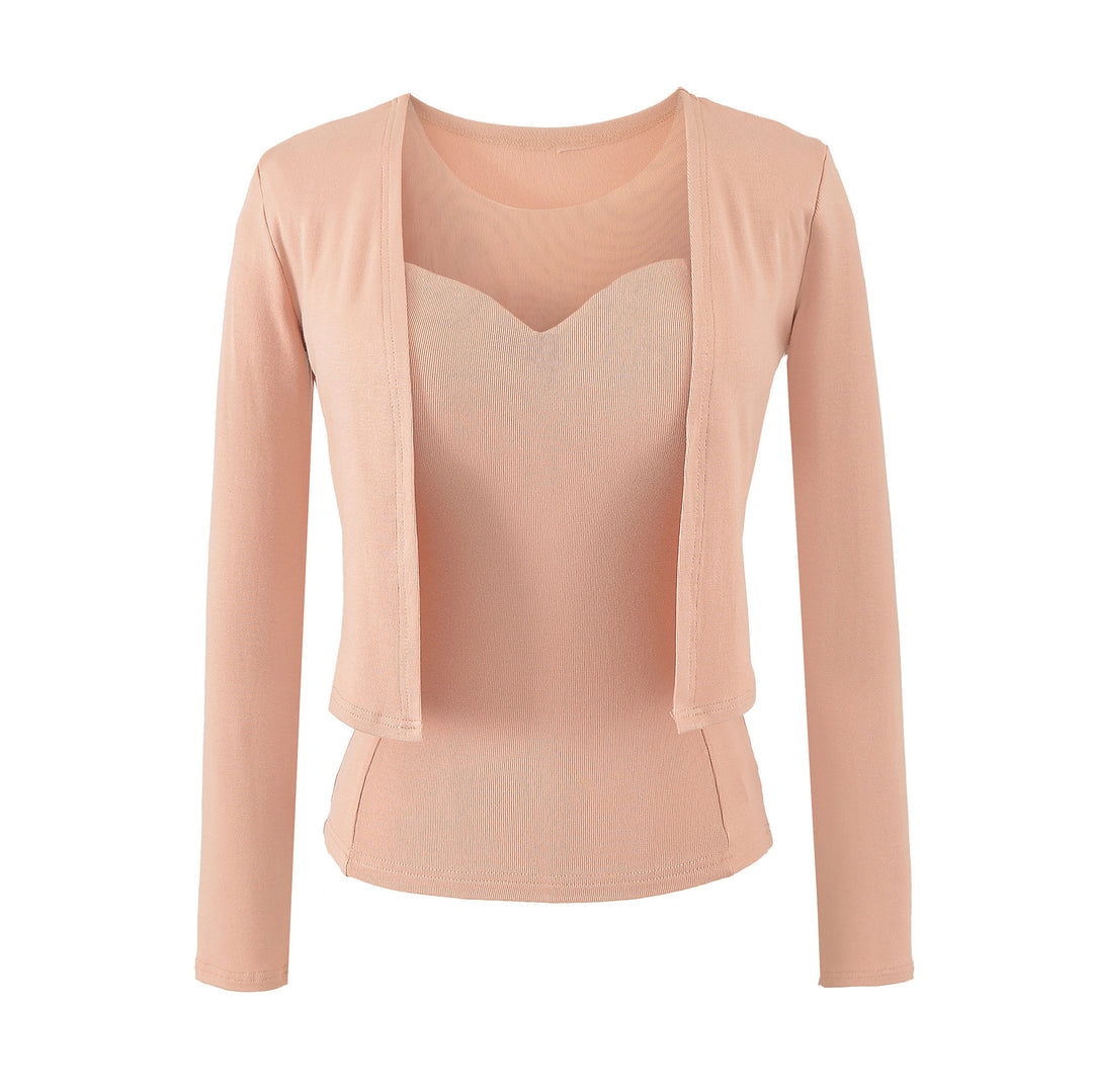 Ladies Two-Piece Fine Knit Top Set with Mesh Insert and Open Cardigan Amarae
