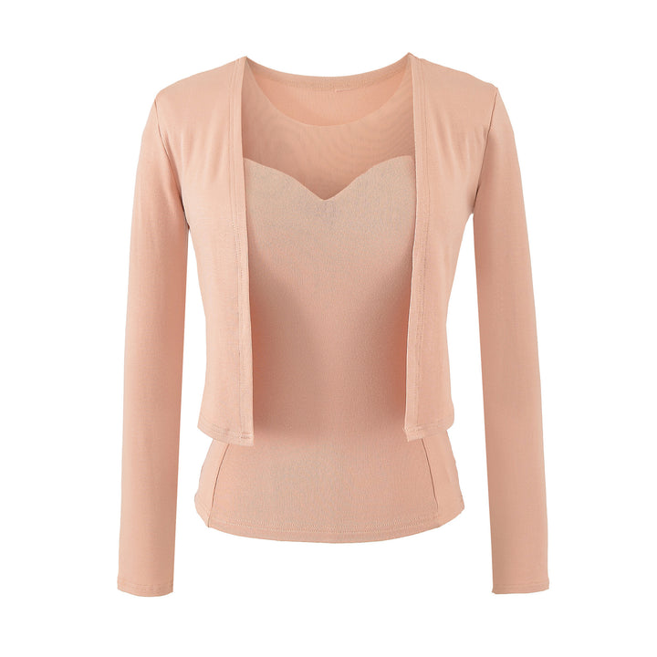 Ladies Two-Piece Fine Knit Top Set with Mesh Insert and Open Cardigan Amarae