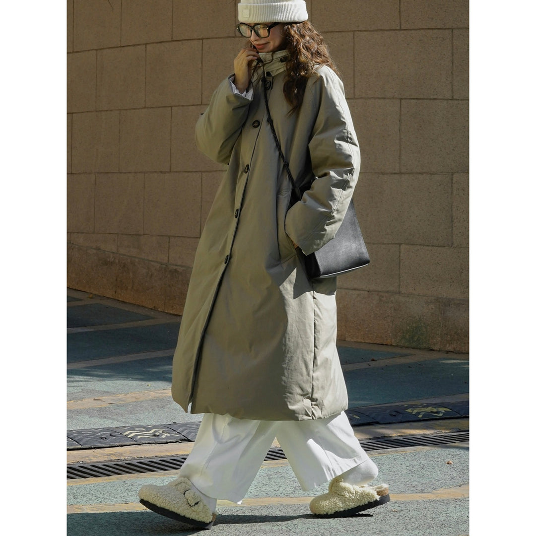 Women's Quilted Long Coat with Stand Collar, Button Placket and Loose Fit Amarae