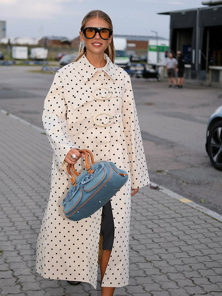 Women's long cut polka dot trench coat with oversized embellishments and boxy cut Amarae