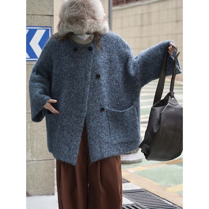 Women's short jacket in mohair look with round neck, button placket, and patch pockets Amarae