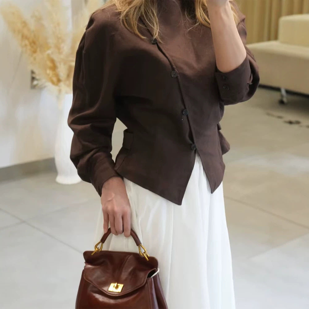 Women’s asymmetric tailored blouse with diagonal button placket Amarae