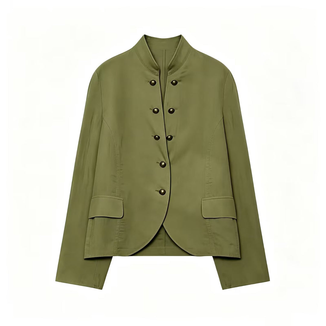 Women Tailored Stand Collar Blazer with Decorative Metal Buttons Amarae