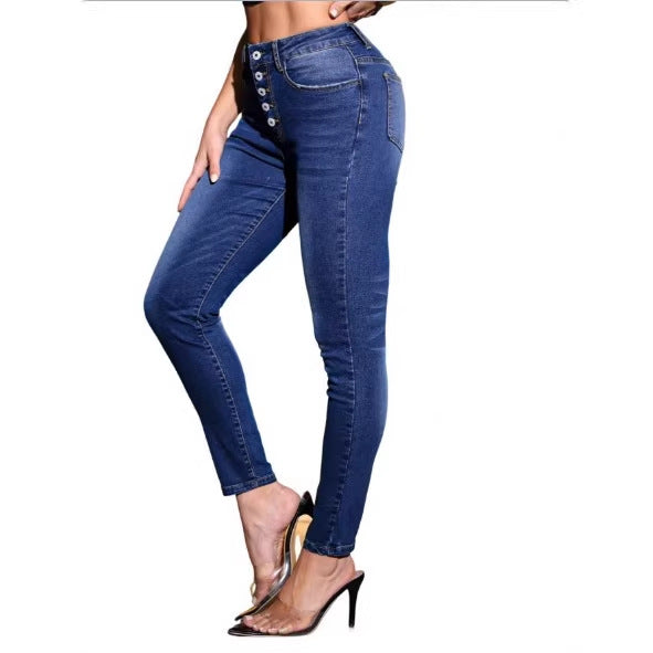 Women High-waisted Sculpting Skinny Jeans with visible multi-button placket and shaping butt lift Amarae