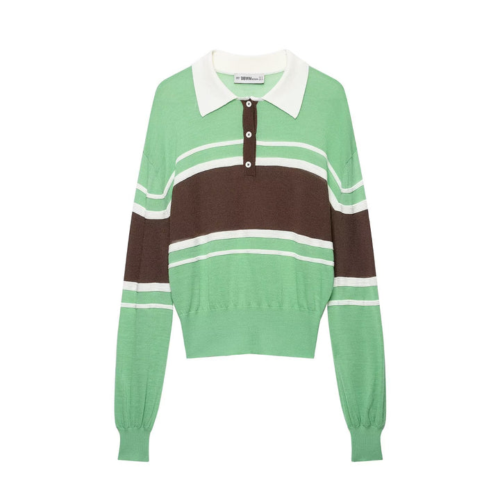 Women's Cropped Polo Shirt - Knitted Sweater with Rugby Stripes, Shirt Collar and Ribbed Hem Amarae