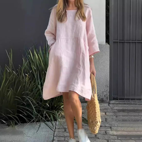 Casual linen dress for women with practical pockets and asymmetrical hem Amarae