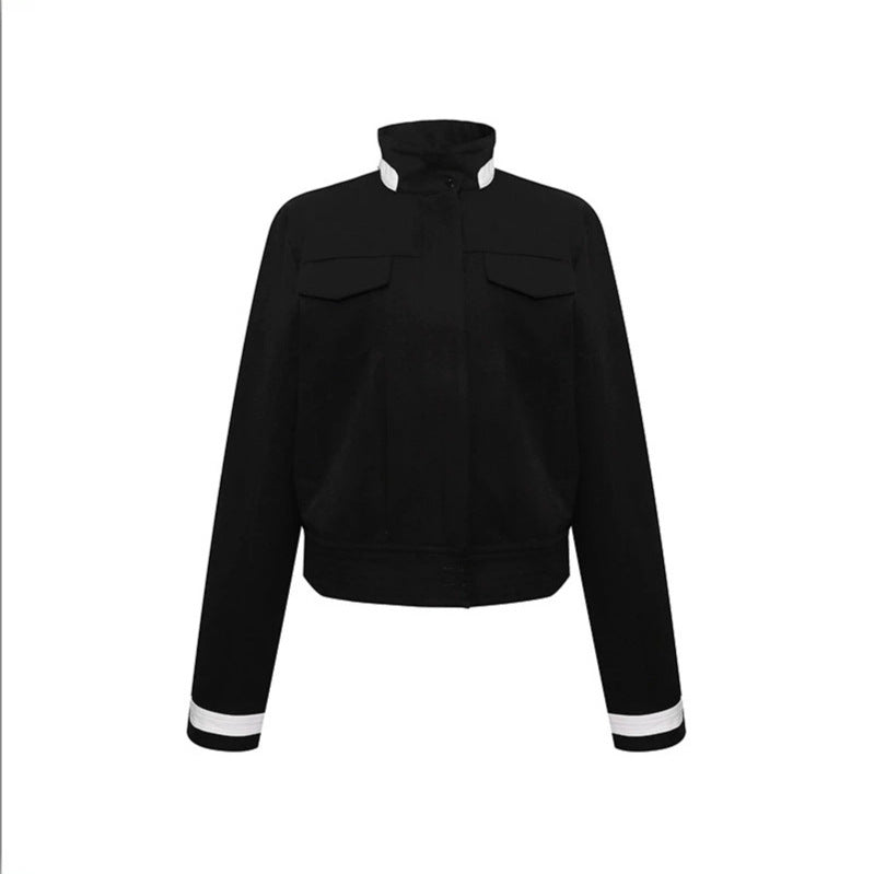 Women's cropped bomber jacket with stand-up collar, flap pockets, and contrast cuffs Amarae