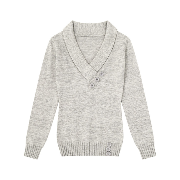 Women’s fine knit pullover with shawl collar, V-neck and decorative buttons Amarae