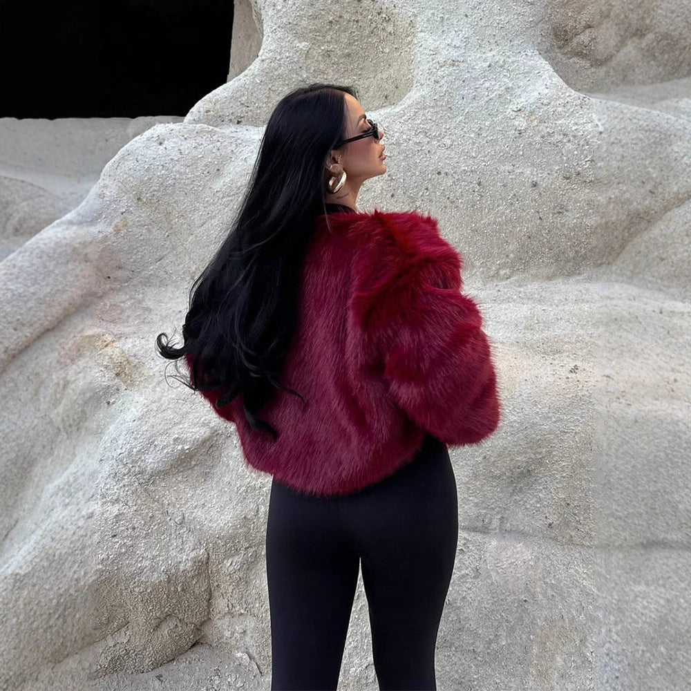 Women's short-cut boxy faux fur bomber with voluminous shawl collar Amarae