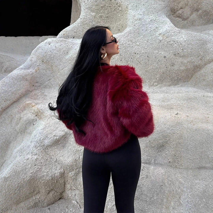 Women's short-cut boxy faux fur bomber with voluminous shawl collar Amarae