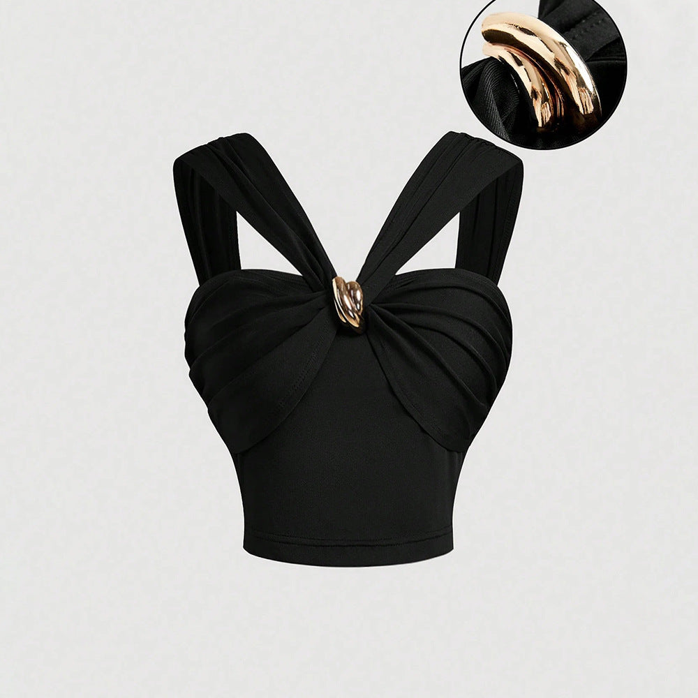 Chic & Stil Sophisticated wrap design women's court top with decorative straps
