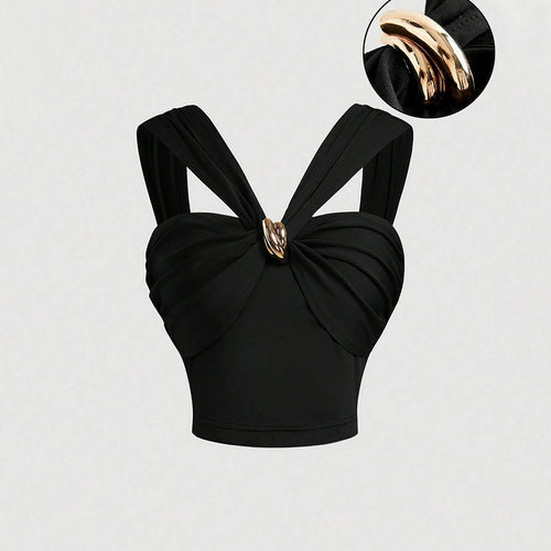 Chic & Stil Sophisticated wrap design women's court top with decorative straps
