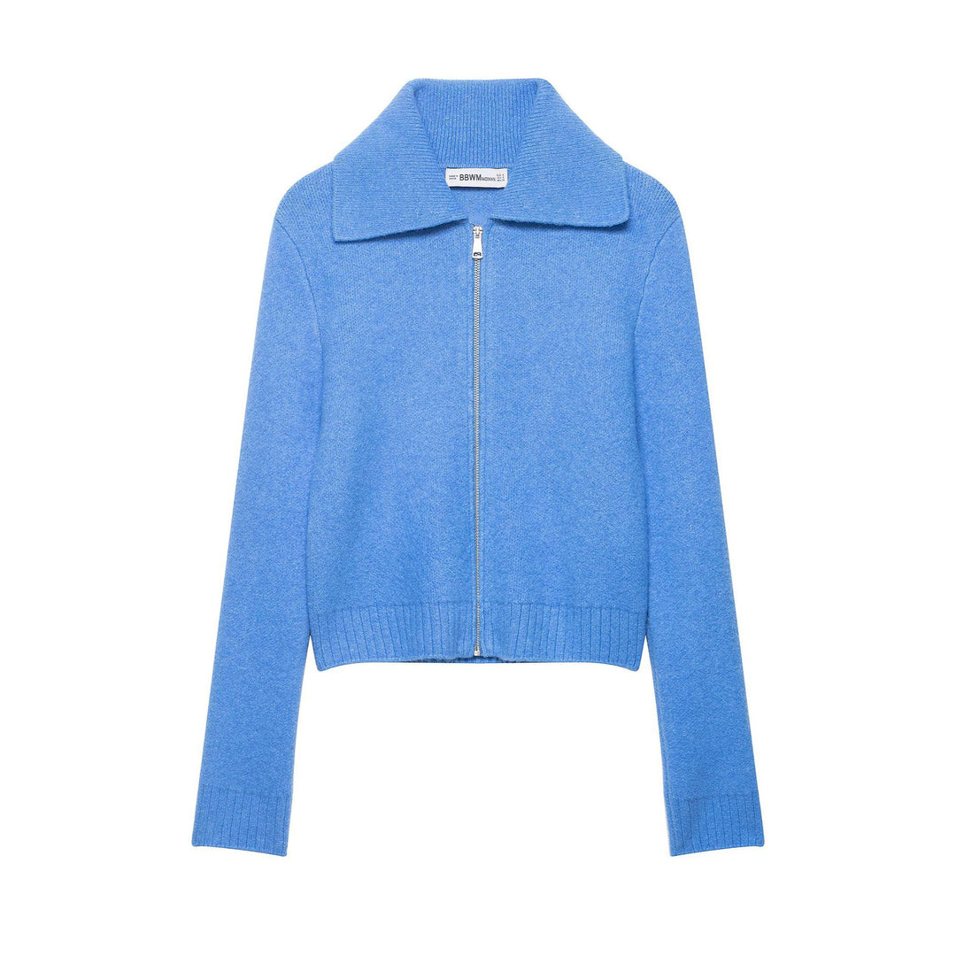 Women's chunky knitted short jacket with zipper, wide collar and ribbed hem Amarae