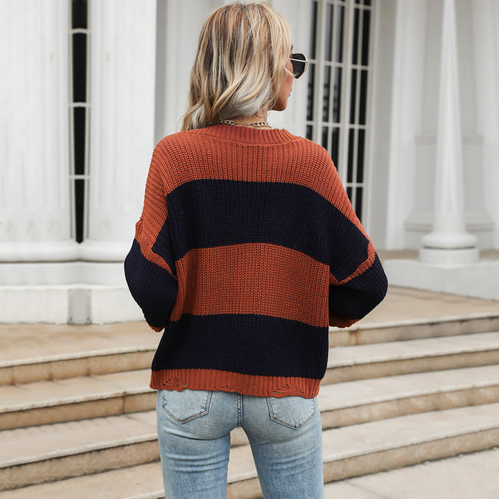 Pull en tricot surdimensionné pour femme avec encolure en V et rayures bloquées Chic & Stil