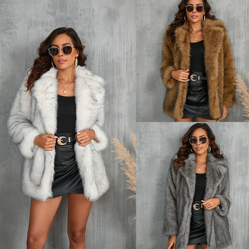 Ladies Luxurious Faux Fur Coat with Voluminous Collar Amarae