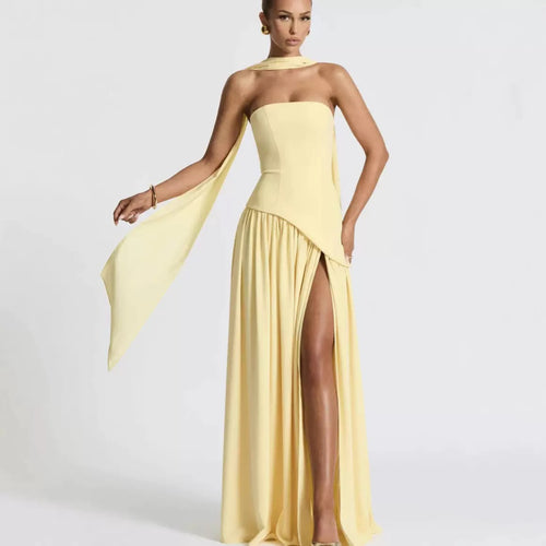 Ladies Floor-Length Maxi Dress with Shoulder-Free Design and Elegant Slit
