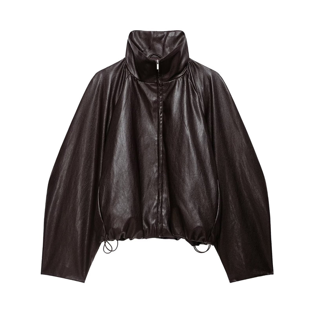 Women's Oversize Jacket in Leather Look with High Funnel Collar, Raglan Sleeves and Drawstring Hem Amarae