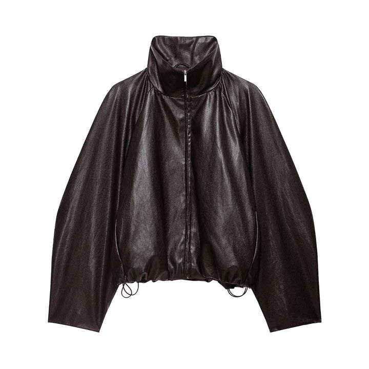 Women's Oversize Jacket in Leather Look with High Funnel Collar, Raglan Sleeves and Drawstring Hem Amarae