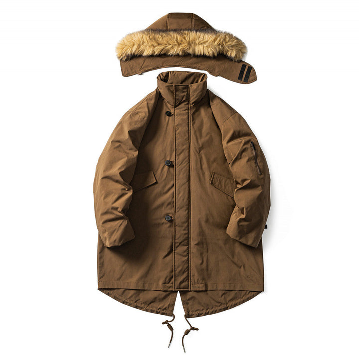 Men's Quilted Parka in Fish Tail Cut with Detachable Faux Fur Hood and Thermal Lining Amarae