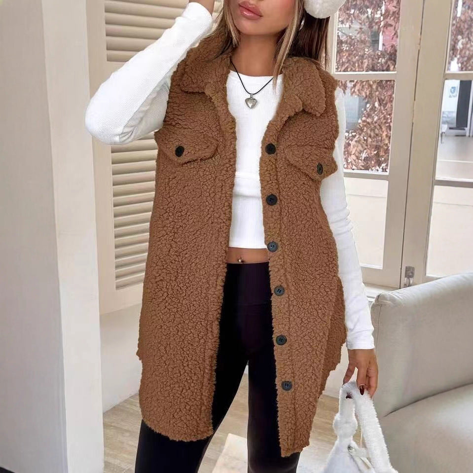Ladies Plush Vest with Chic Pockets and Style