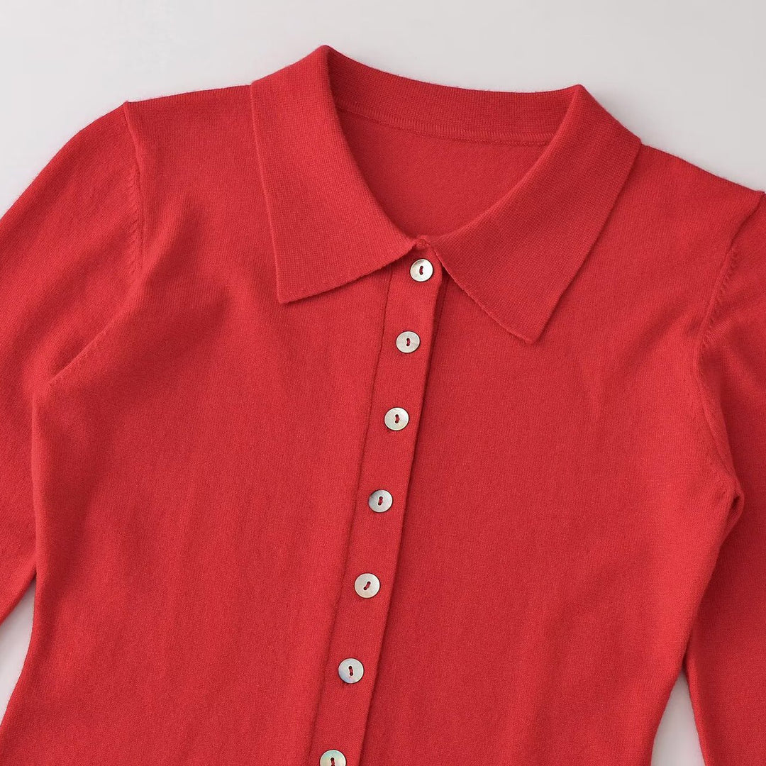 Women's fine knit cardigan with shirt collar and full button placket Amarae