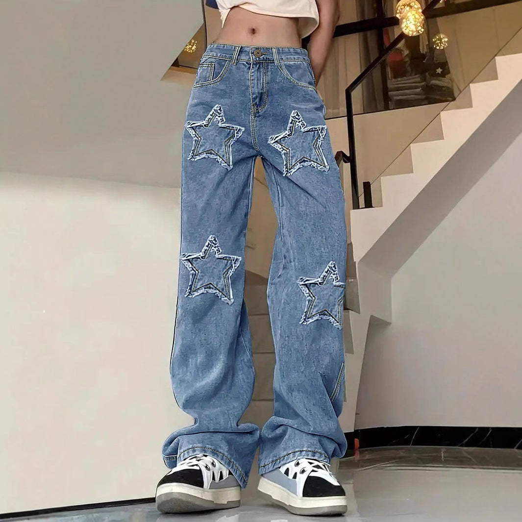 Women's extra-wide baggy jeans made of lightweight denim with star appliqués and extended silhouette Amarae