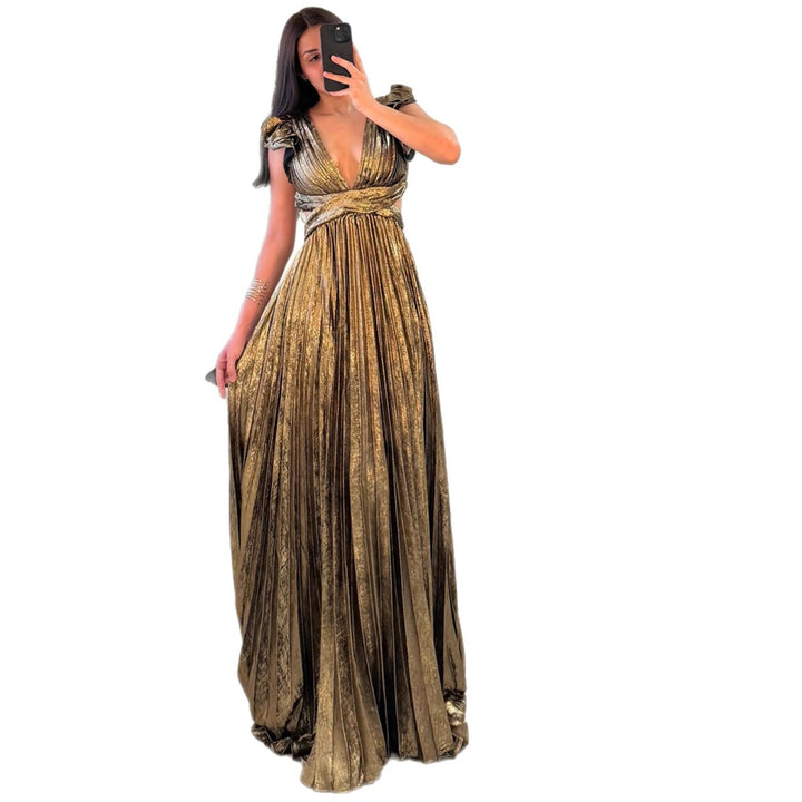Ladies Glamorous Pleated Maxi Dress with Deep V-Neck and Puff Sleeves Lune London