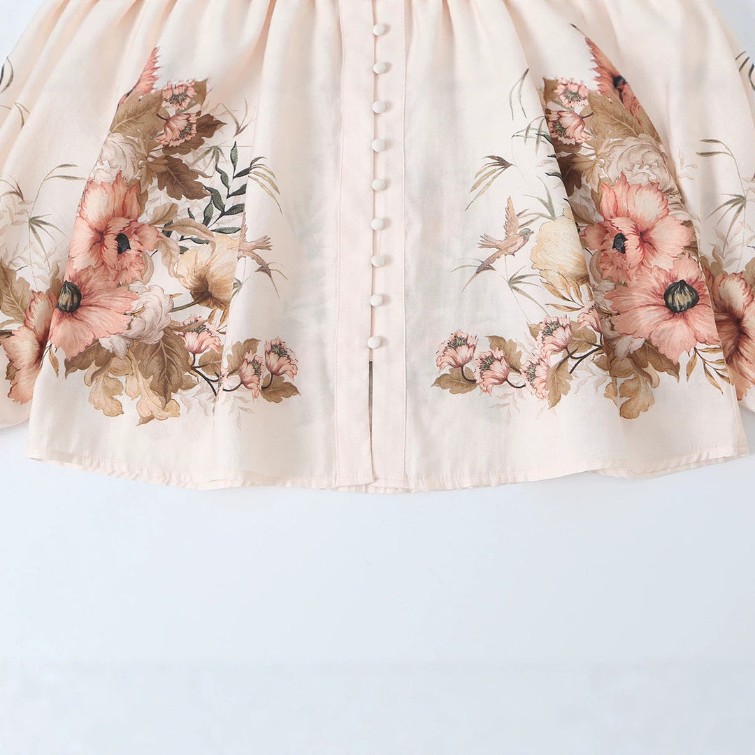 Women's blouse with stand-up collar, continuous button placket and wide balloon sleeves Amarae