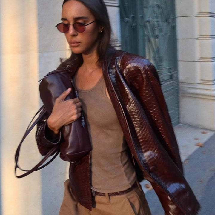 Women's Shiny Snake Pattern Leather Bomber Jacket Amarae