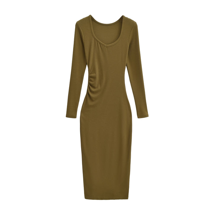 Women's Fitted Midi Dress with Side Ruching and Double Neckline Amarae