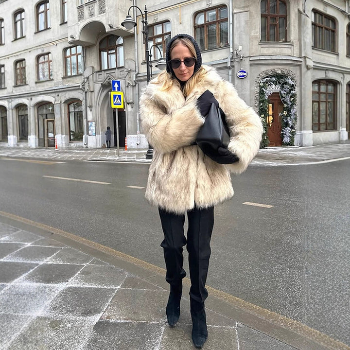 Women short coat made of faux fur with waist belt and voluminous shawl collar Amarae