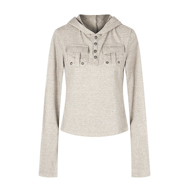 Women's Lightweight Hoodie Long Sleeve Shirt with Henley Button Placket and Patch Chest Pockets Amarae