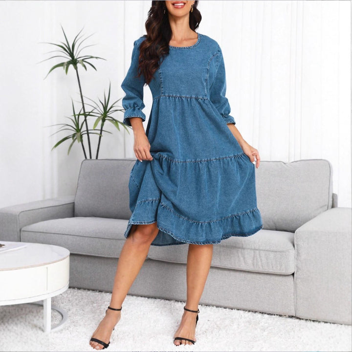 Women's tiered ruffle denim midi dress with elbow-length sleeves and gathered empire waist Amarae