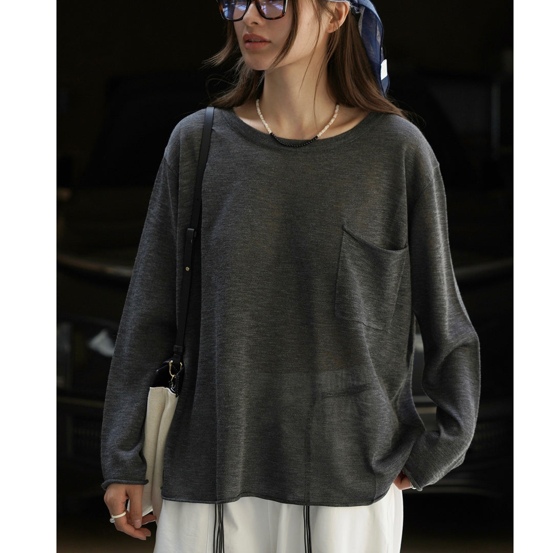 Ladies Wide Lightweight Fine Knit Long Sleeve with Chest Pocket and Round Neckline Amarae