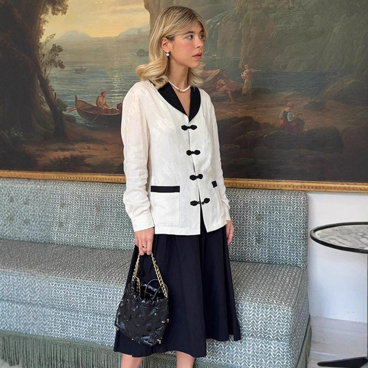 Women's Tailored Jacquard Jacket with Contrast Collar and Knot Closures Amarae