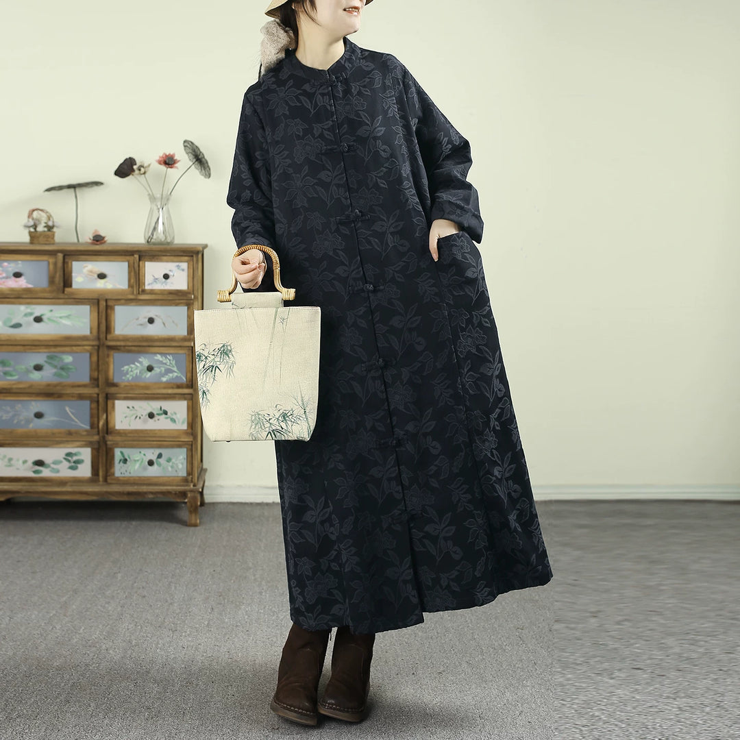 Amarae | Size Black Oriental Jacquard Spandex Coats with Buttons