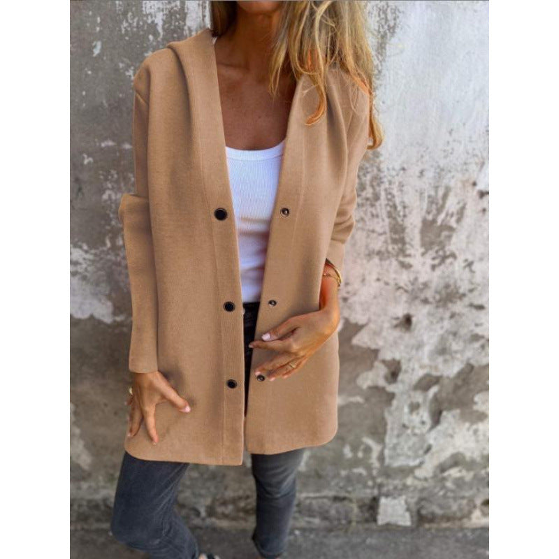 Women's Midi Length Oversized Coat made of Wool Blend with Clear Button Placket and Minimalist Lapels Amarae