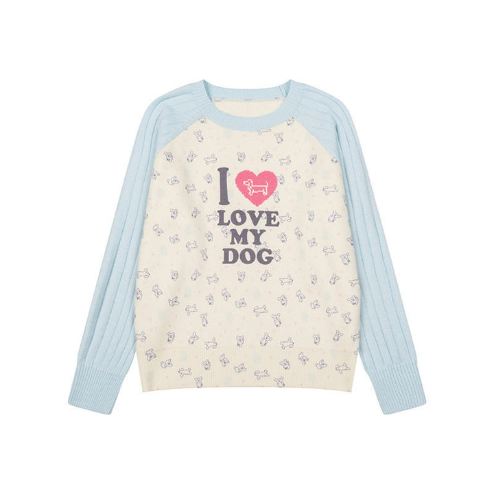 Women's knitted raglan sweater with heart dog motif, ribbed sleeves and all-over print Amarae