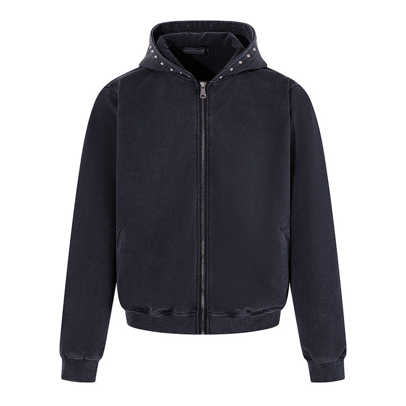 Men's Short Cut Zip Hooded Jacket made of Velour with Studded Hood Amarae