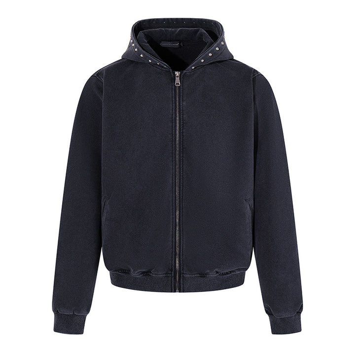 Men's Short Cut Zip Hooded Jacket made of Velour with Studded Hood Amarae